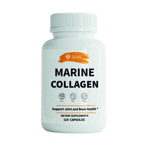 May include: A white bottle of Marine Collagen dietary supplements. The label features the brand name "SIRUNES" and the words "MARINE COLLAGEN" in large, bold letters. The label also includes icons for hair, skin, and nails, and states "Support Joint and Bone Health." The bottle contains 120 capsules.