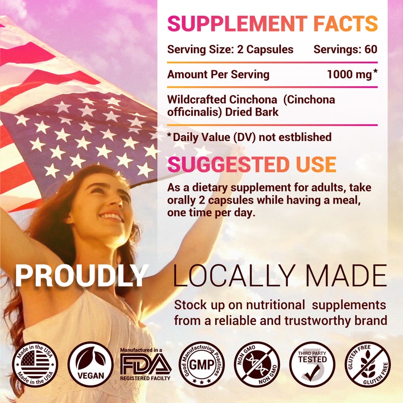 Puede incluir: Una mujer sosteniendo una bandera estadounidense con el texto "PROUDLY LOCALLY MADE". La imagen incluye informaci&oacute;n sobre suplementos, incluido el tama&ntilde;o de la porci&oacute;n, la cantidad por porci&oacute;n y el uso sugerido. El producto est&aacute; hecho en los EE. UU.