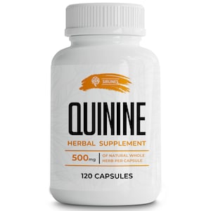 May include: A white bottle of Quinine herbal supplement with a white cap. The label features the word "QUININE" in large black letters, along with "HERBAL SUPPLEMENT" and "500mg" in orange. The bottle contains 120 capsules.