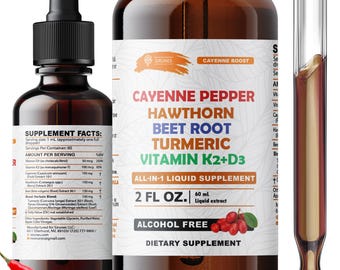 Suplemento líquido de pimienta de cayena, espino blanco, raíz de remolacha, cúrcuma y vitamina K2+D3 (59 ml)