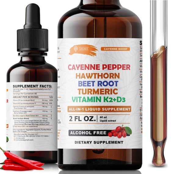 Cayenne Pepper Hawthorn Beet Root Turmeric Vitamin K2+D3 Liquid Supplement (2 fl oz)
