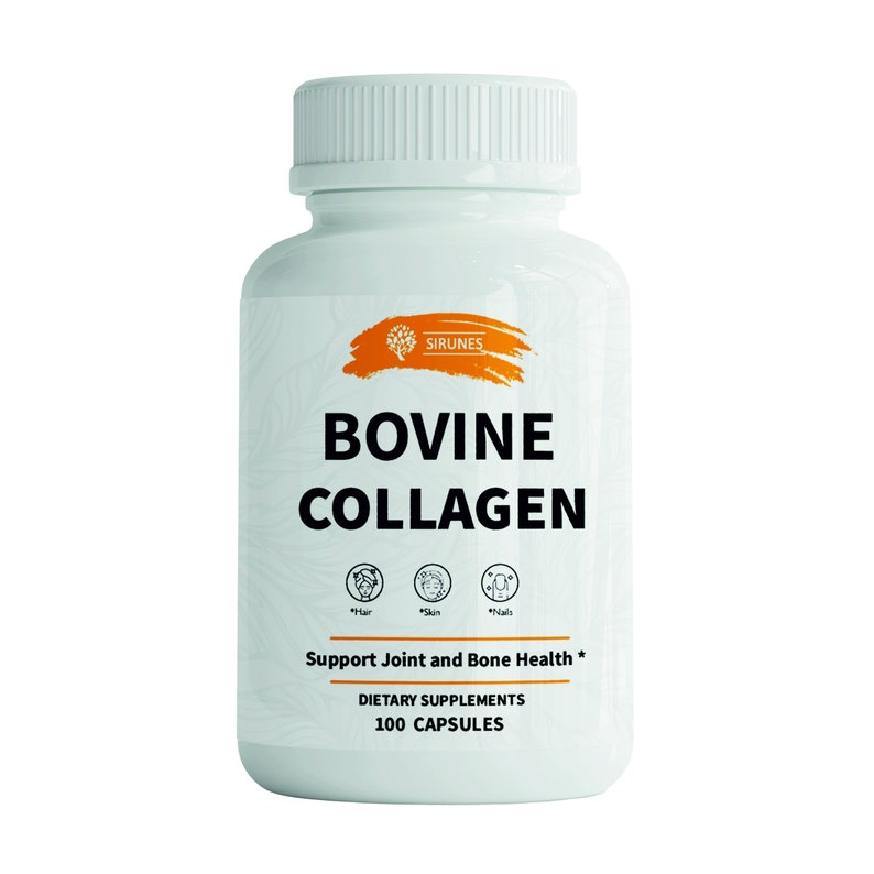 Pode incluir: Frasco branco com um r&oacute;tulo laranja que diz "BOVINE COLLAGEN" e "Support Joint and Bone Health*" com &iacute;cones de cabelo, pele e unhas. O frasco &eacute; rotulado com "100 CAPSULES" e "DIETARY SUPPLEMENTS".