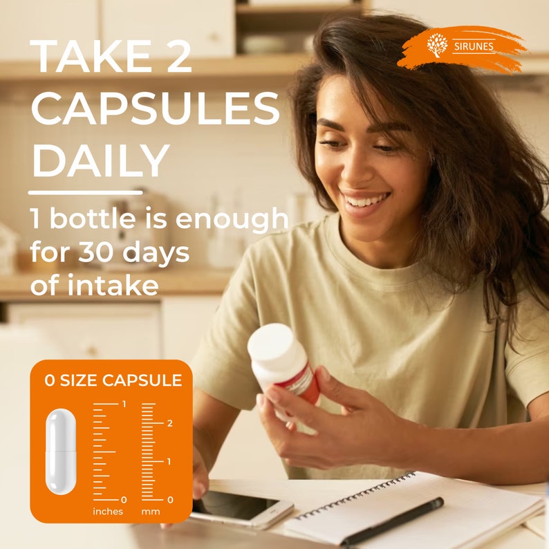 Pode incluir: Uma mulher segura uma garrafa branca com um r&oacute;tulo vermelho. O texto na garrafa est&aacute; desfocado. O texto na imagem diz "TAKE 2 CAPSULES DAILY 1 bottle is enough for 30 days of intake" e "O SIZE CAPSULE". Uma r&eacute;gua &eacute; mostrada com medidas em polegadas e mil&iacute;metros.
