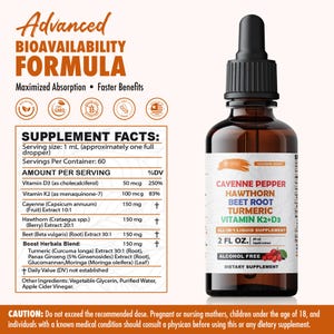 May include: A brown glass bottle with a black dropper, labelled "Cayenne Pepper Hawthorn Beet Root Turmeric Vitamin K2+D3." The label also states "All-in-1 Liquid Supplement" and "60 ml." Supplement facts and ingredients are listed on the left.