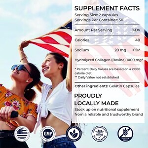 Pode incluir: R&oacute;tulo de informa&ccedil;&otilde;es sobre suplementos com uma por&ccedil;&atilde;o de 2 c&aacute;psulas. O r&oacute;tulo lista a quantidade por por&ccedil;&atilde;o de calorias, s&oacute;dio e col&aacute;geno hidrolisado. O r&oacute;tulo tamb&eacute;m afirma que o produto &eacute; orgulhosamente feito localmente. O r&oacute;tulo tem uma bandeira americana vermelha, branca e azul no fundo.