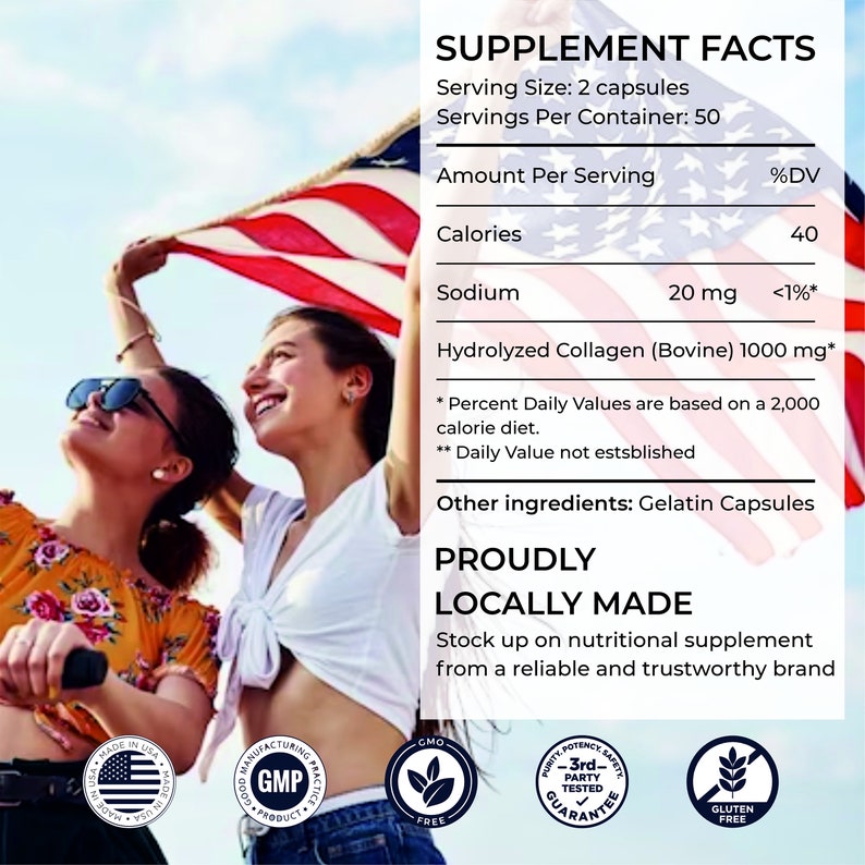 Pode incluir: R&oacute;tulo de informa&ccedil;&otilde;es sobre suplementos com uma por&ccedil;&atilde;o de 2 c&aacute;psulas. O r&oacute;tulo lista a quantidade por por&ccedil;&atilde;o de calorias, s&oacute;dio e col&aacute;geno hidrolisado. O r&oacute;tulo tamb&eacute;m afirma que o produto &eacute; orgulhosamente feito localmente. O r&oacute;tulo tem uma bandeira americana vermelha, branca e azul no fundo.
