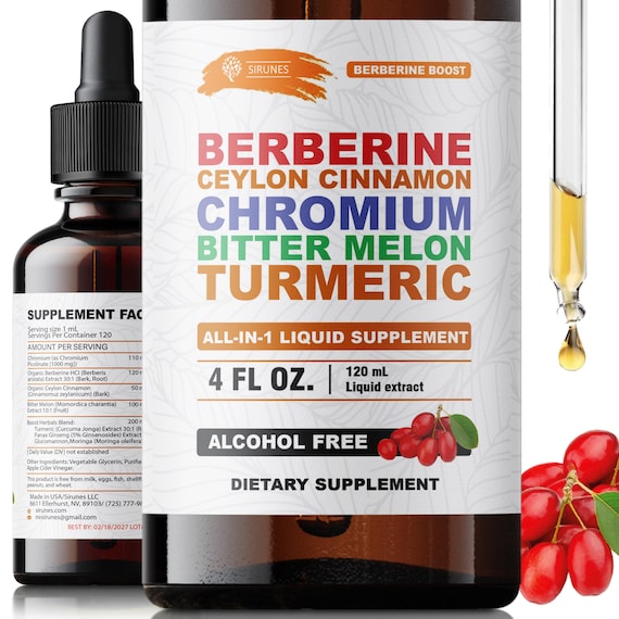 Berberine Ceylon Cinnamon Chromium Bitter Melon Turmeric Liquid Supplement, Alcohol Free, 4 fl oz