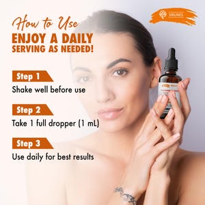 May include: A woman holds a brown bottle with a dropper, labeled "CAYENNE". The image includes instructions: "Shake well before use," "Take 1 full dropper (1 mL)," and "Use daily for best results."