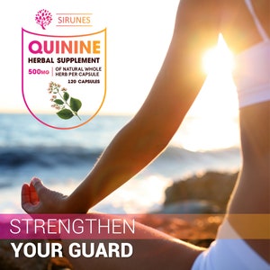 Puede incluir: Imagen de un producto de suplemento herbal con el texto "QUININE HERBAL SUPPLEMENT 500mg". El producto est&aacute; en una etiqueta blanca y naranja. La imagen tambi&eacute;n incluye el texto "STRENGTHEN YOUR GUARD".