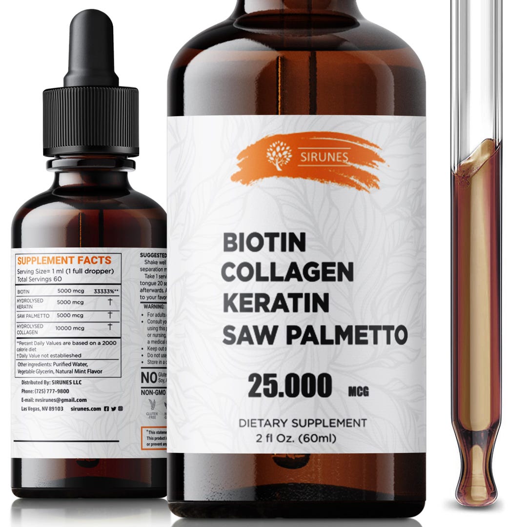 Biotin Collagen Keratin Saw Palmetto Liquid Supplement, 25000 Mcg, 2 Fl ...