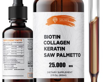 Suplemento líquido de biotina, colágeno, queratina y palma enana americana, 25000 mcg, 59 ml (2 fl oz), fórmula con gotero.