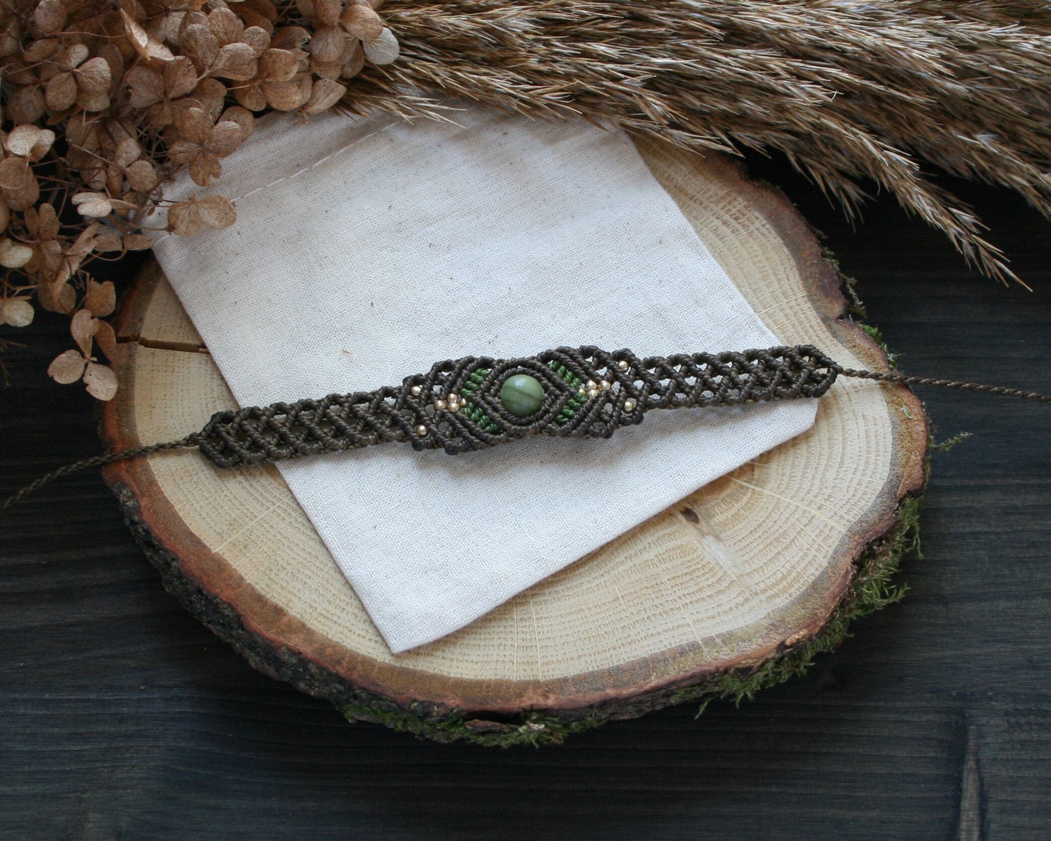 Flower Handmade MACRAME JADE BRACELET with gemstone JADE Beads OGFA Green 