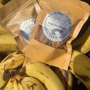 May include: Two brown paper bags of dried Thai bananas with a circular label that reads "Kalalea View Dried Thai Bananas Farm" are surrounded by fresh yellow bananas. The bags are partially open, revealing the dried fruit inside.
