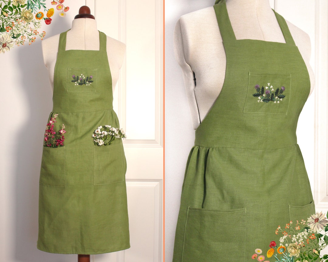 Grass Green Linen Apron With Thistle Motif Etsy