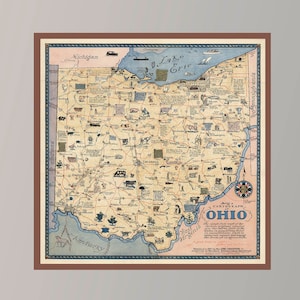 Ancienne carte de l'Ohio, Ohio, carte illustrée, affiche de carte vintage, impression d'affiche, papier pour affiche, impression sur toile, décoration murale, décoration d'intérieur
