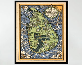 Vintage Pictorial Map of Sri Lanka, Ceylon Art Print