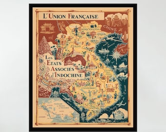 Vintage Cambodia Map Art Print, Pictorial Wall Decor