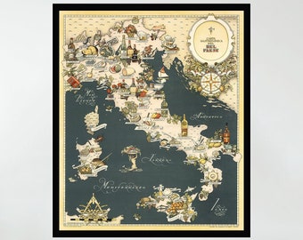 Vintage Italy Map Poster, Pictorial Wall Art