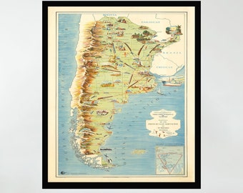 Vintage Argentina Map Print, Pictorial Wall Art