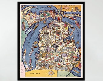 Old Map of Michigan, Vintage Pictorial Map Poster, Vintage Map Poster,Map Art,Poster Print,Canvas Print,Wall Decor,Home Decor