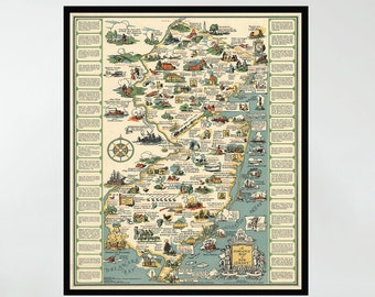 Vintage New Jersey Map Poster, Pictorial Wall Art