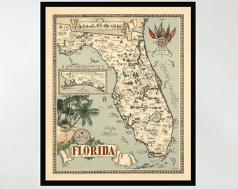 Old Map of Florida, Vintage Map Poster,Vintage Pictorial Map Poster,Poster Print,Map art,Canvas Print,Wall Decor,Home Decor