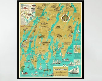 Vintage Maine Coast Map Poster, Wiscasset Pictorial Art Print