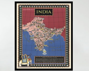 Vintage India Map Poster, Pictorial Wall Decor