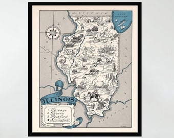 Vintage Illinois Map Poster, Pictorial Art Print