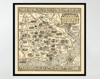 Vintage New Forest Map Print, Pictorial Wall Art