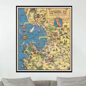 Old Map of Monterey Bay Region, Vintage Pictorial Map, Vintage Map Art, Poster Print, Canvas Print, Gift Idea, Wall Decor, Home Decor