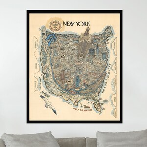 Ancienne carte de New York, affiche de carte vintage, affiche de carte picturale vintage, impression d'affiche, impression sur toile, décoration murale, décoration d'intérieur