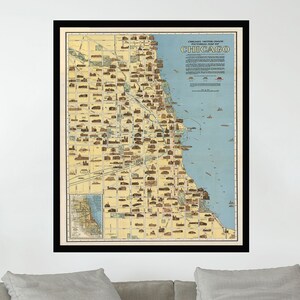 Ancienne carte de Chicago, affiches de carte picturale vintage, art de carte vintage, papier affiche, impression sur toile, idée cadeau, décoration murale, décoration d'intérieur