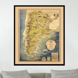 Ancienne carte de l'Argentine, 28 x 42 inç, affiche de carte picturale vintage, art de la carte, impression d'affiche, papier d'affiche, impression sur toile, décoration murale, décoration d'intérieur