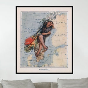 Ancienne carte de Scandinavie, affiche de carte vintage, carte picturale vintage, art de carte vintage, impression d'affiche, impression sur toile, décoration murale, décoration d'intérieur