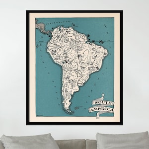 Ancienne carte d'Amérique du Sud, affiche de carte vintage, affiche de carte picturale vintage, art de la carte, impression d'affiche, impression sur toile, décoration murale, décoration d'intérieur