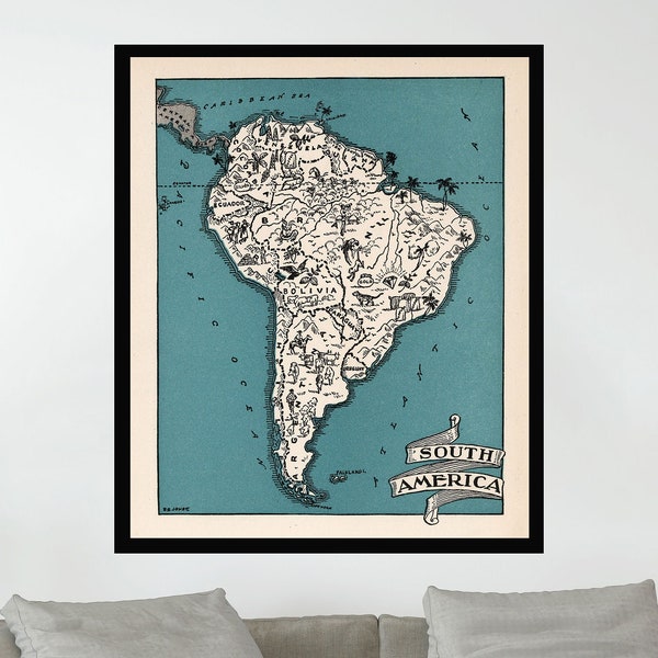 Alte Karte von Südamerika, Vintage Karte Poster, Vintage Bildliche Karte Poster, Kartenkunst, Posterdruck, Leinwanddruck, Wanddekor, Home Decor