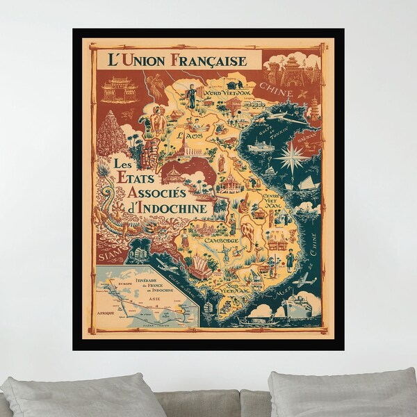 Vintage Cambodia Map Art Print, Pictorial Wall Decor