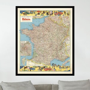 Ancienne carte de France, affiche de carte vintage, affiche de carte picturale vintage, art de la carte, impression d'affiche, impression sur toile, décoration murale, décoration d'intérieur