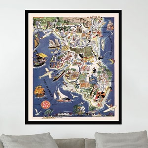 Ancienne carte de la Floride, affiche de carte picturale vintage, affiche de carte vintage, art de la carte, impression d'affiche, impression sur toile, décoration murale, décoration d'intérieur