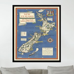 Ancienne carte de la Nouvelle-Zélande, carte picturale vintage, affiche de carte vintage, impression d'affiche, papier d'affiche, impression sur toile, décoration murale, décoration d'intérieur