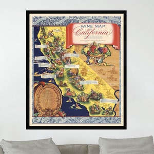 Carte des vins de Californie, affiche de carte picturale, affiche de carte vintage, art de carte vintage, impression d'affiche, impression sur toile, décoration murale, décoration d'intérieur