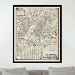 Ancienne carte de New York, carte picturale, affiche de carte vintage, art de carte vintage, impression d'affiche, impression sur toile, décoration murale, décoration d'intérieur