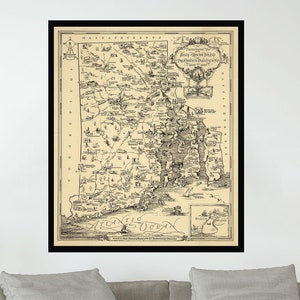 Ancienne carte de Rhode Island, 28 x 40 inç, carte picturale vintage, affiche de carte vintage, Art de la carte, impression d'affiche, impression sur toile, décoration murale, décoration d'intérieur
