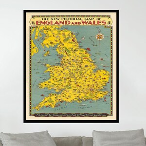 May include: A vintage map of England and Wales with a yellow background and blue water. The map is filled with small illustrations of landmarks and cities. The title "The New Pictorial Map of England and Wales" is at the top of the map.