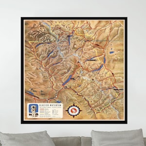 Ancienne carte du parc international de la paix Waterton-Glacier, affiche picturale vintage, impression d'affiche, papier d'affiche, impression sur toile, décoration murale