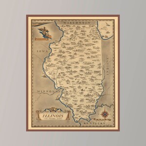 Ancienne carte de l'Illinois, l'état des Prairies, affiche de carte vintage, carte picturale vintage, impression d'affiche, impression sur toile, décoration murale, décoration d'intérieur