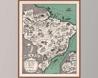 May include: A vintage illustrated map of Brazil with a brown frame. The map shows various cities and landmarks throughout the country. The map is labeled "BRAZIL" and lists the cities of "Brasilia, Rio de Janeiro, Recife, Bahia, Santos".