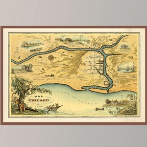Ancienne carte de Chicago, carte picturale vintage, affiche de carte vintage, art de carte vintage, impression d'affiche, impression sur toile, idée cadeau, décoration murale, décoration d'intérieur