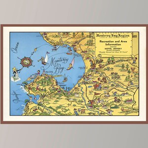 Ancienne carte de la baie de Monterey, affiche de carte vintage, carte picturale vintage, art de carte vintage, impression d'affiche, impression sur toile, décoration murale, décoration d'intérieur